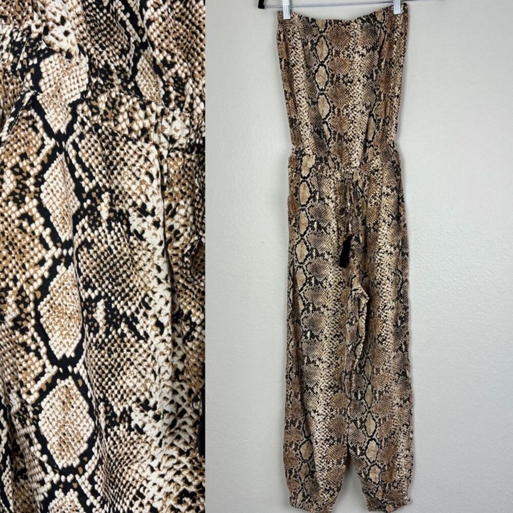 Blue Island | Boho Snakeskin Strapless Tan Black Jumpsuit Mob Wife Dinner XS